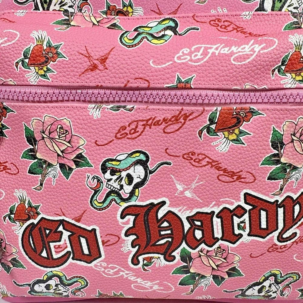 Ed Hardy Pink Multi Backpack NWT Rhinestone Hearts Skull Rose Tattoo Print Bag